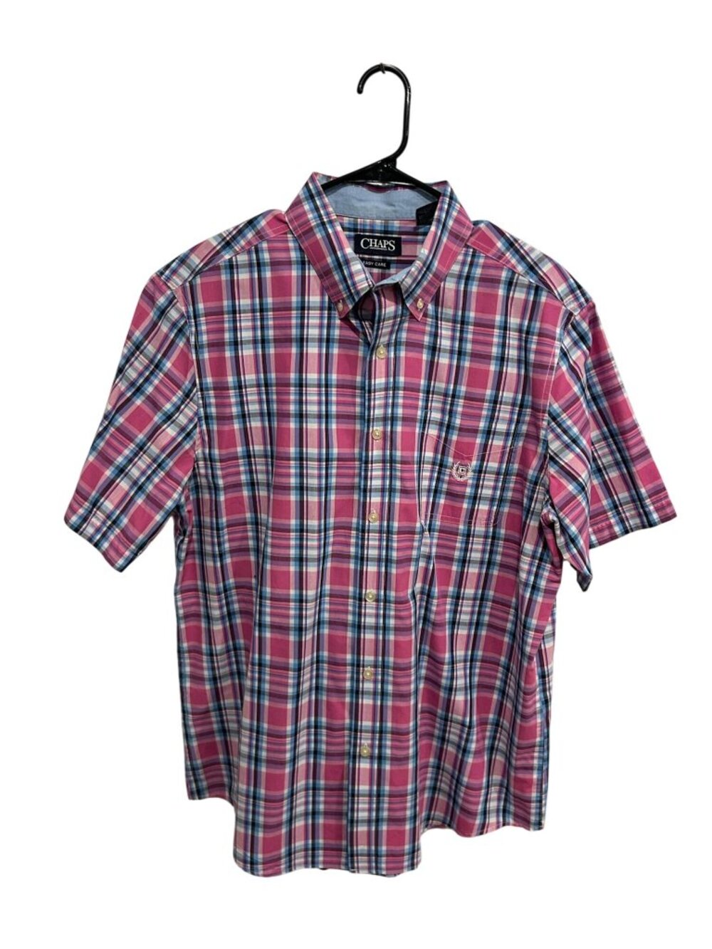 Chaps Large Mens Pink Plaid Short Sleeve Button Down Shirt Preppy Timeless Style